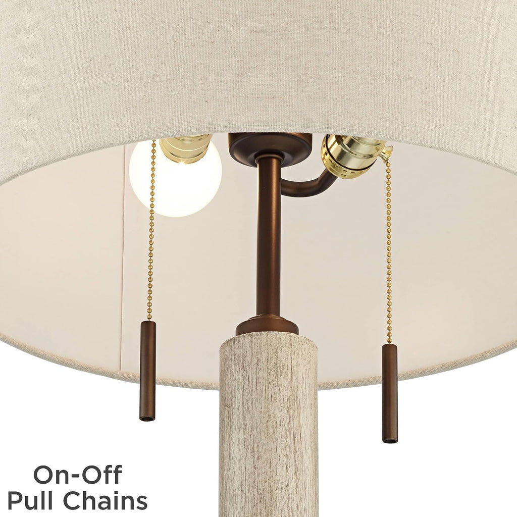 Franklin Iron Works Hugo 28 1/2' Tall Mid Century Modern Natural Cottage End Table Lamps Set of 2 USB Port Pull Chain White-Washed Wood Finish Oatmeal Shade Living Room Charging Bedroom Bedside