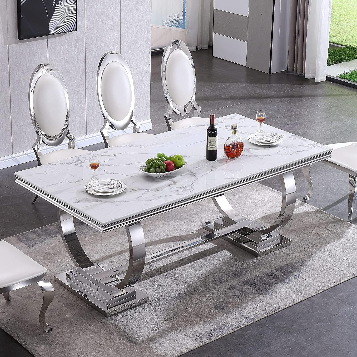 68' White Marble Dining Table for 6-8, Mid Century Modern Dining Table with Faux Marble Top & Silver O Shape Stainless Steel Base,Large Luxury Rectangular Dinner Table for Kitchen Dining Room