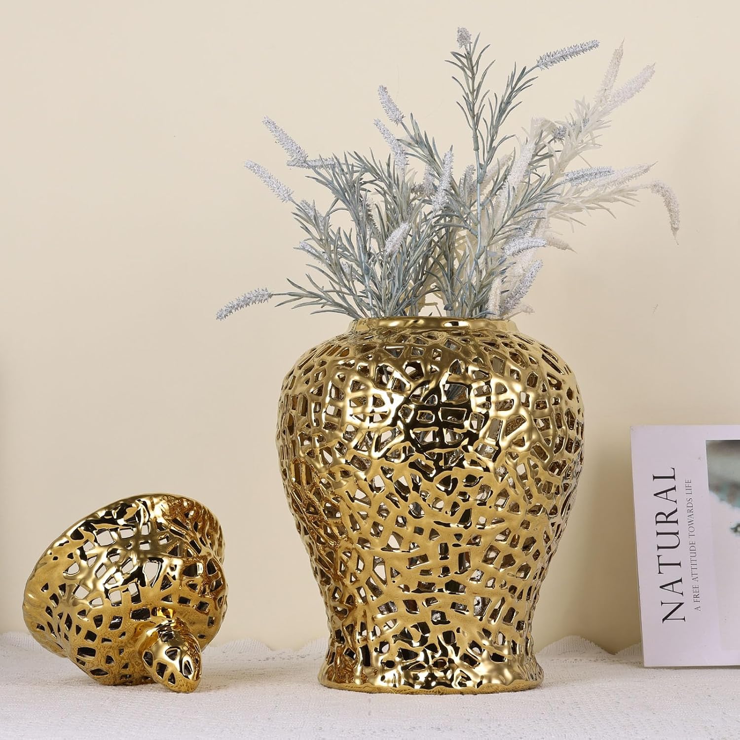 Gold Pierced Ginger Jar Vase with Lid - 15.7' Tall Decorative Ceramic Jar for Home Decor, Centerpiece for Living Room, Dining Room, Entryway, or Office, Large Gold Vase for Flowers