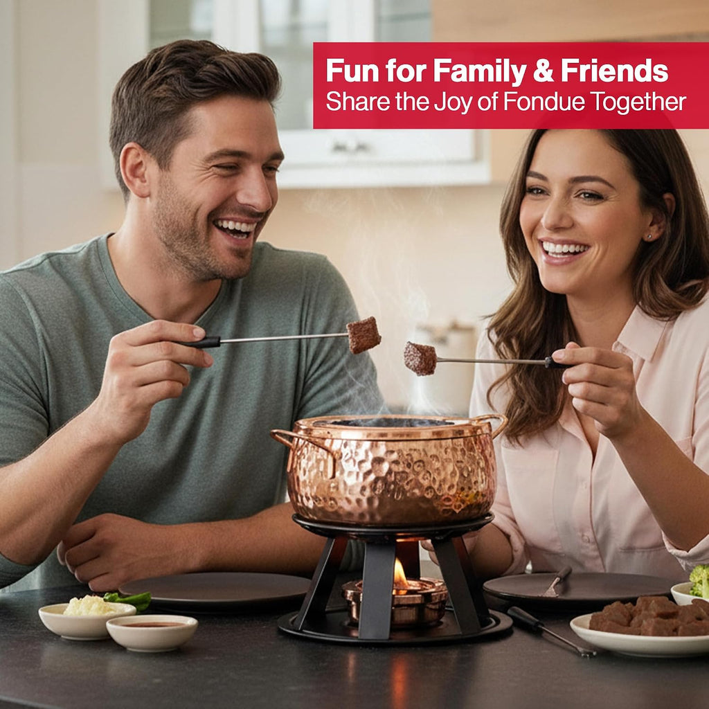 Swissmar Biel 11-Piece Copper-Plated Fondue Set – Hammered Finish – Ideal for Oil & Broth Cooking – Perfect for Entertaining, Kitchen Collections & Wedding Gifts – 2 Liter / 2.1 Quarts