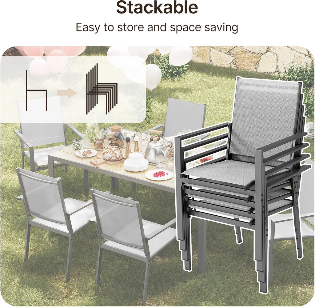 Ahomly Patio Table and Chairs Set for 6, Outdoor Dining Set Includes 59.5' Rectangle Patio Table with Side Umbrella Hole and 6 Textilene Fabric Patio Chairs for Courtyard, Backyard, Pool, Grey&Brown
