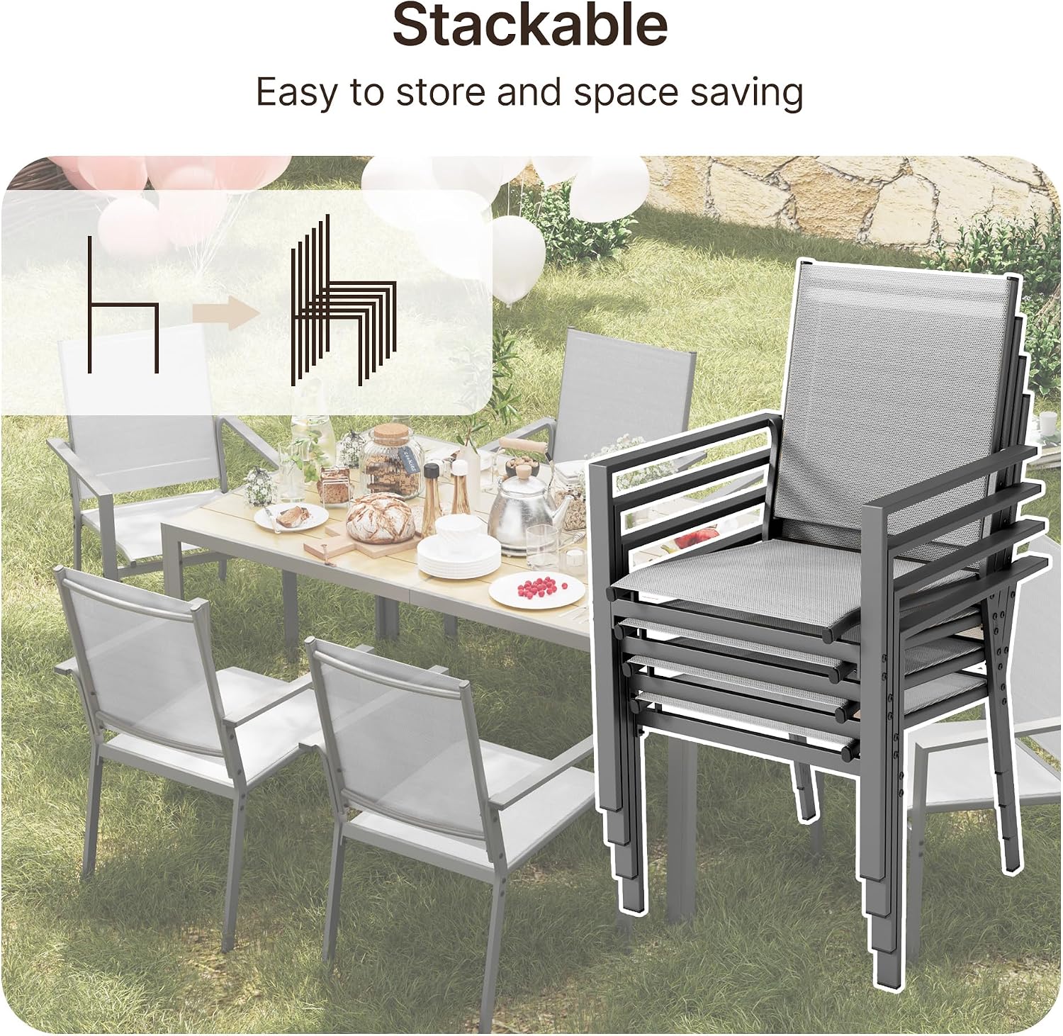 Ahomly Patio Table and Chairs Set for 6, Outdoor Dining Set Includes 59.5' Rectangle Patio Table with Side Umbrella Hole and 6 Textilene Fabric Patio Chairs for Courtyard, Backyard, Pool, Grey&Brown