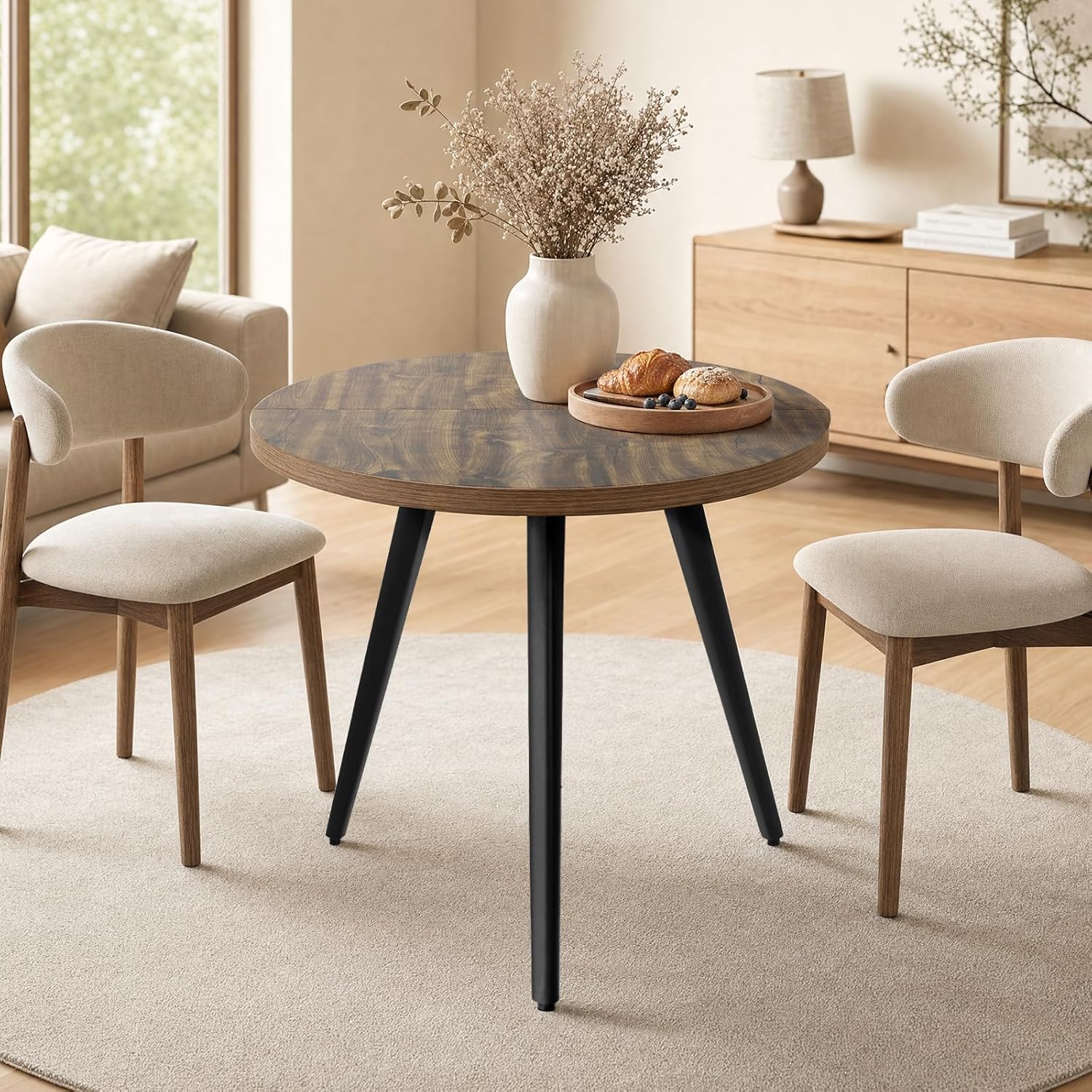 Round Dining Table, Small Dining Table for 2, 31.5' Round Table, Mid-Century Modern Kitchen Table with 1.4' Thickness Wood Grain Tabletop for or Small Space, Dining Room, Kitchen, UG Rustic Brown