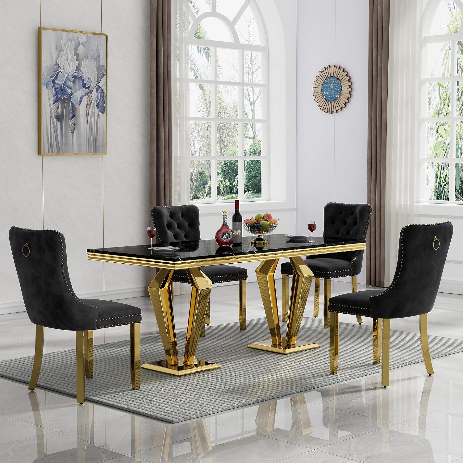 68' Luxury Rectangular Marble Dining Table for 4 to 6, Black Faux Marble Kitchen Table with Gold X Shape Stainless Steel Pedestal, Modern Kitchen Dining Room Table for Breakfast Dinette Dinner Party