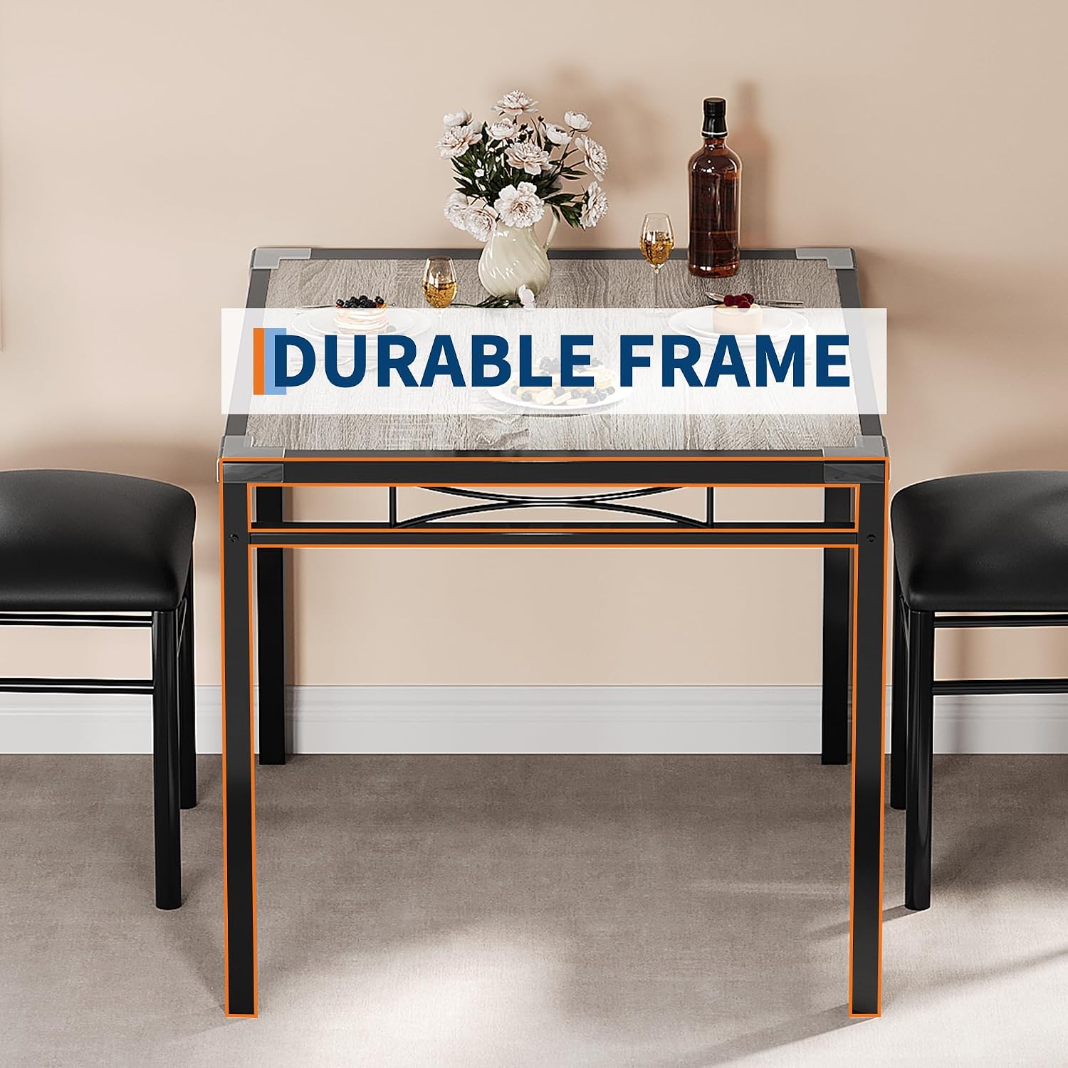 IDEALHOUSE Dining Table Set for 2 with Corner Protector, Dining Room Table Set for 2 with Upholstered Chairs, Wood Kitchen Table Chairs Set of 2, for Kitchen, Apartment, Retro Gary