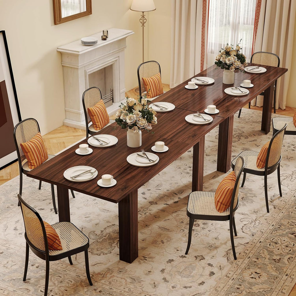 Miereirl 59'–77' Extendable Farmhouse Dining Table for 6–8, Space-Saving Rectangular Kitchen Table with Easy Pull-Out Extension for Family Meals, Work & Everyday Use (Walnut)