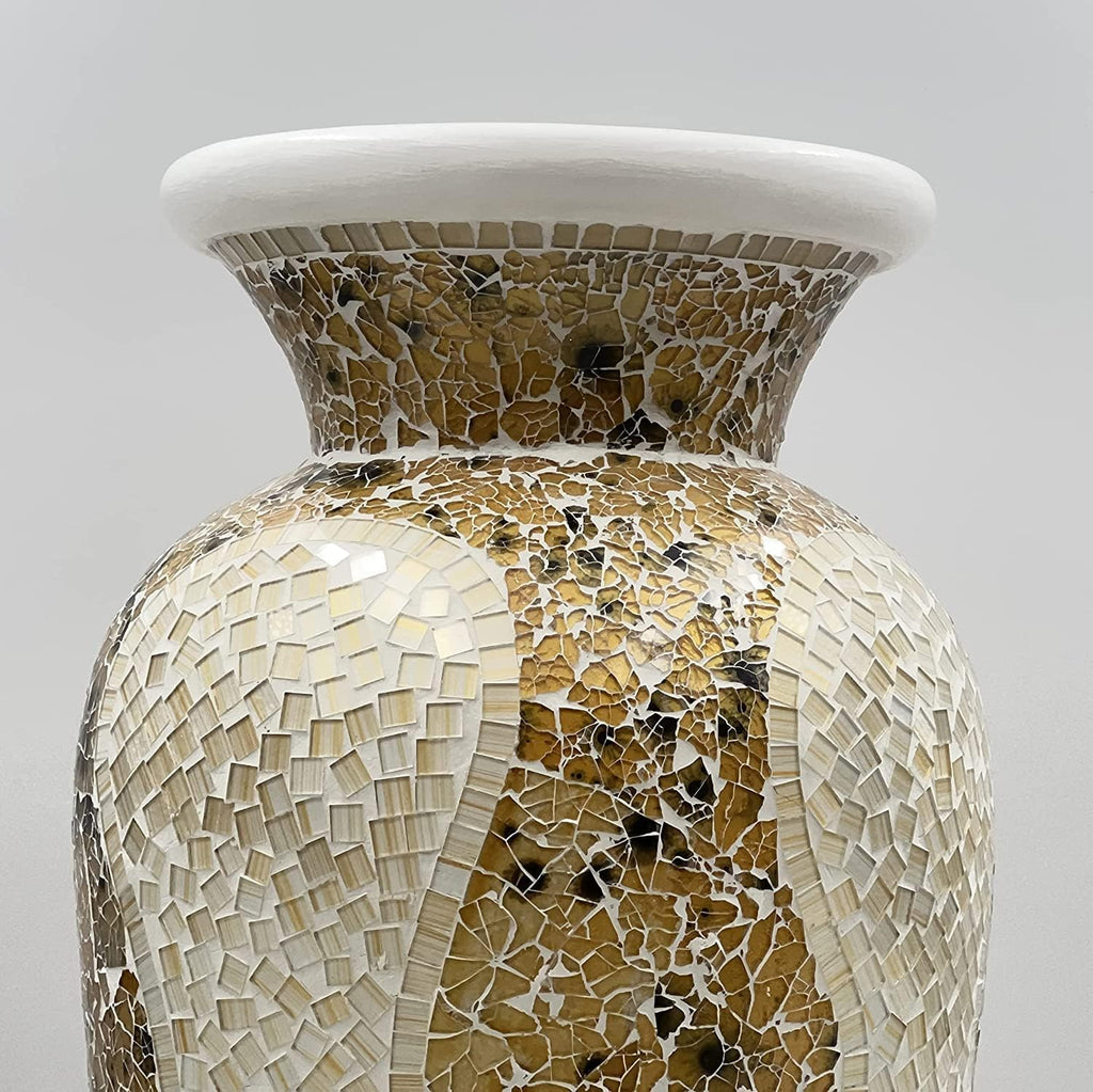 Floor Vase, 18 Inch Mosaic Vase – Tall Cylinder Made of Terracotta with Light Caramel and White Glass Mosaic Pieces – Handcrafted Decorative Home Décor Accent Piece for Bedroom, Living Room