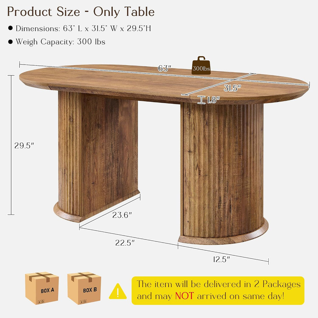 T4TREAM 63' Fluted Oval Dining Table for 4-6, Mid-Century Modern Kitchen Table with Thickened Edge & Semi-Cylindrical Base, Wood Table for Dining Room/Kitchen/Home Office,Gold Rustic Brown(Table Only)