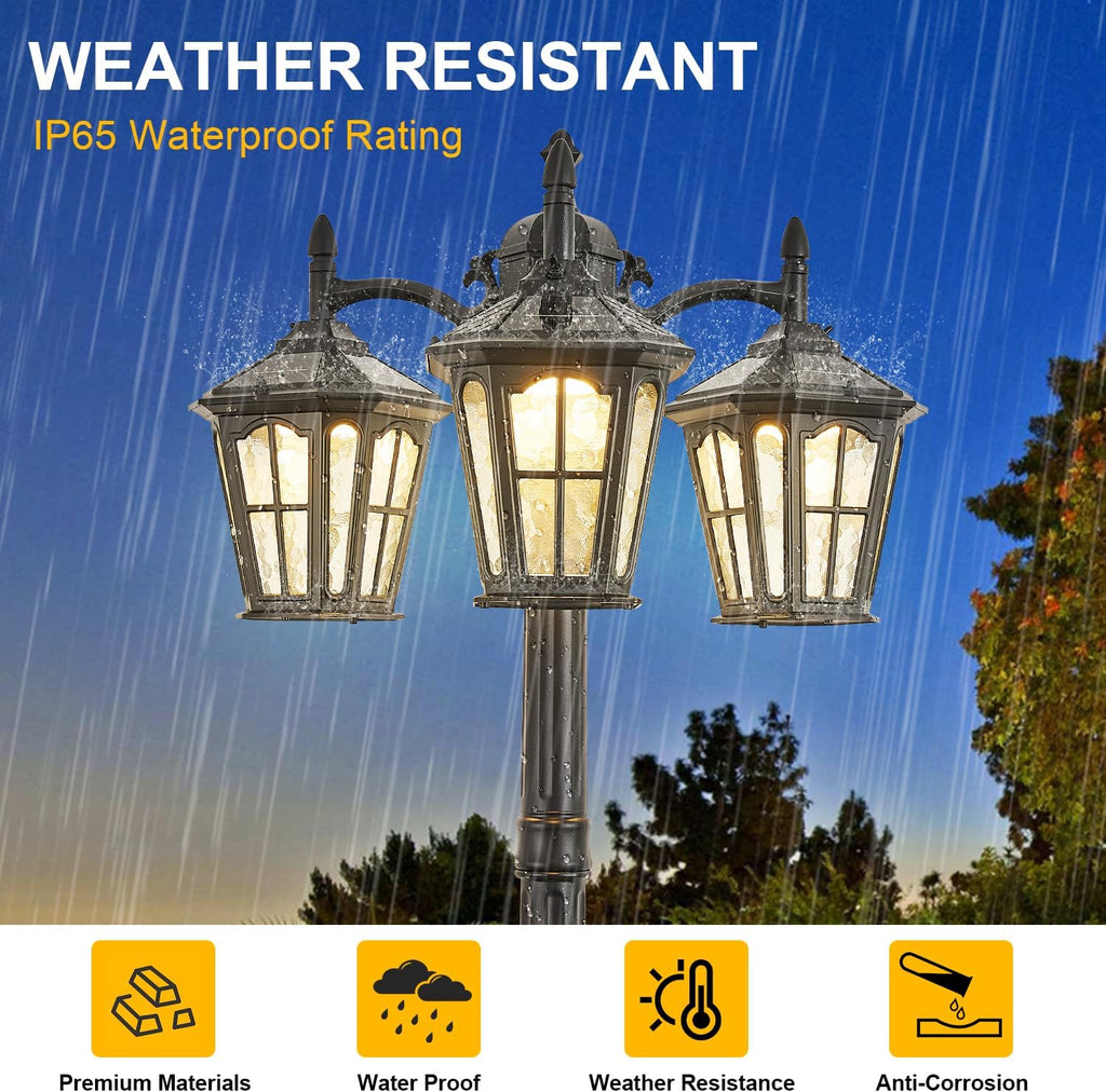 3-Head Solar Outdoor Street Light with Dusk to Dawn Sensor, Aluminum Exterior Pole Light with Water Ripple Glass, Classic Waterproof Black Solar Lamp Post Lights for Backyard, Garden, Driveway