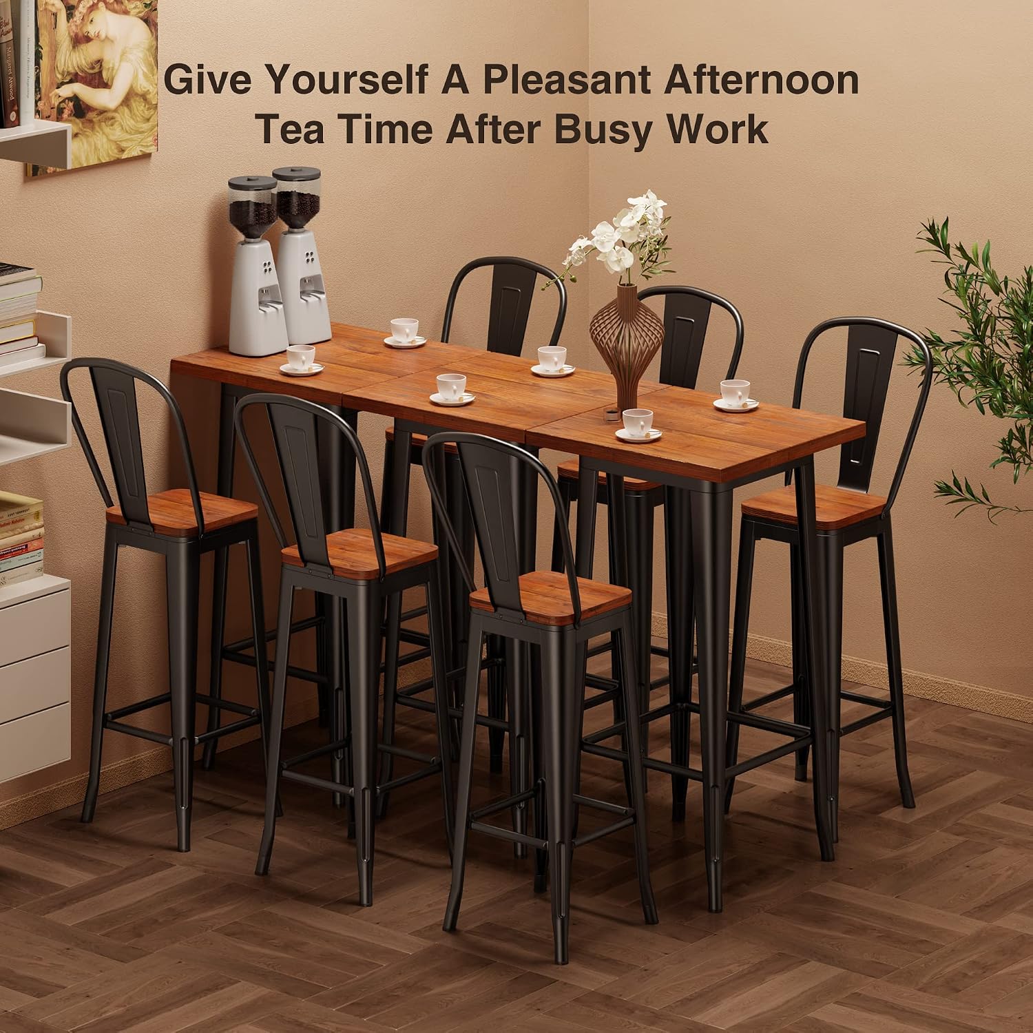 Aiho Bar Table and Chairs Set, Pub Table and Chairs Set of 2, with Elm Solid Wood and Thickened Metal Frame, for Bar, Small Space, Bistro Cafe