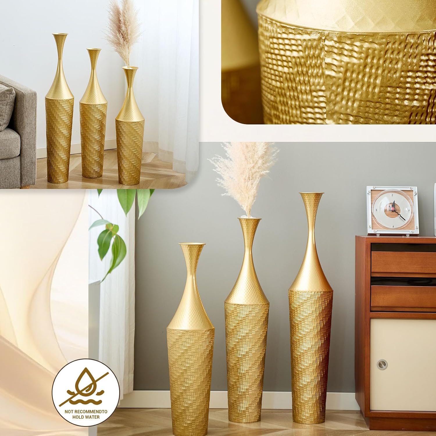 Set of 3 Gold Metal Floor Vases, Handcrafted Hammered Tall Decorative Vases, Rustproof Iron Large Floor Vases for Living Room, Entryway, Pampas Grass & Dried Flower Arrangement