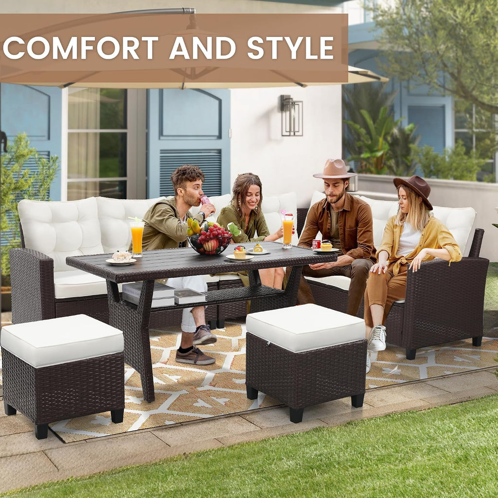 KROFEM 6-Piece Patio Furniture Set, Outdoor Sectional Sofa with Dining Table & Chairs, All-Weather Dining Set with Removable Cushion Covers, Ideal for Garden, Porch, Backyard, White