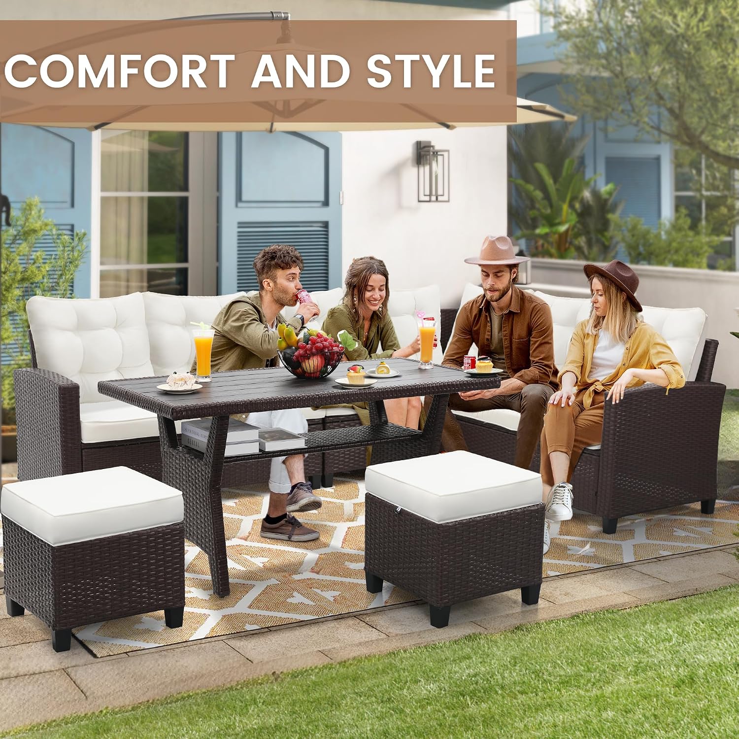 KROFEM 6-Piece Patio Furniture Set, Outdoor Sectional Sofa with Dining Table & Chairs, All-Weather Dining Set with Removable Cushion Covers, Ideal for Garden, Porch, Backyard, White