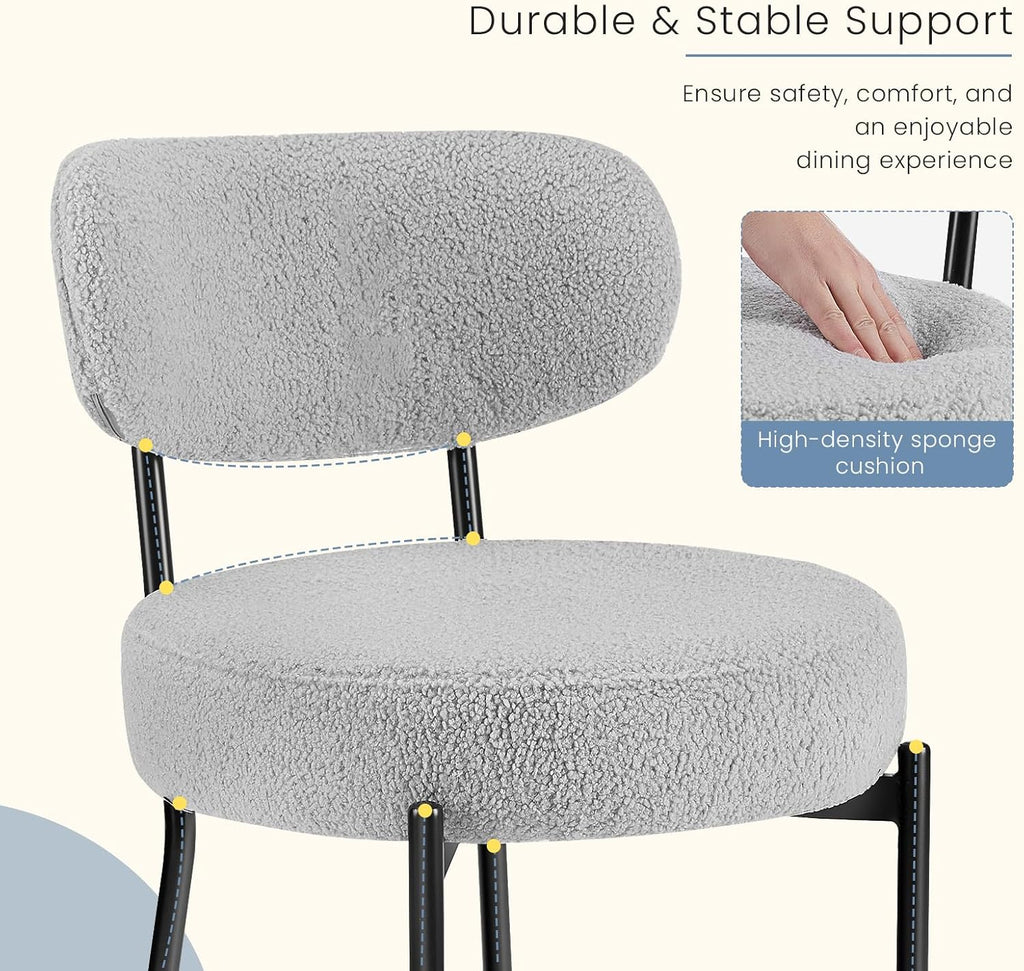 DUMOS Dining Chairs Set of 2, Mid Century Modern Chair Round Upholstered Curved Backrest, Kitchen Vanity Living Room Chairs with Black Metal Legs，Light Grey