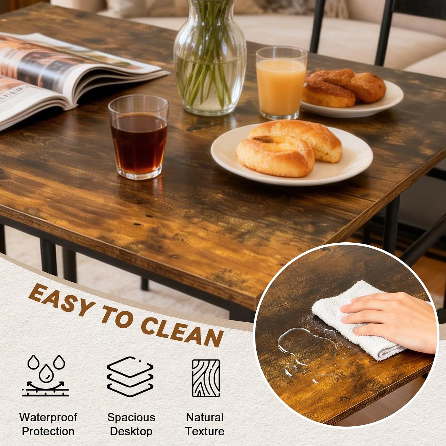 Dining Table Set for 4, Wood Industrial Style Kitchen Table with Upholstered Chairs, Kitchen Table and Chairs Set, Space-Saving Dining Room Set for Breakfast Nook and Small Spaces, Rustic Brown