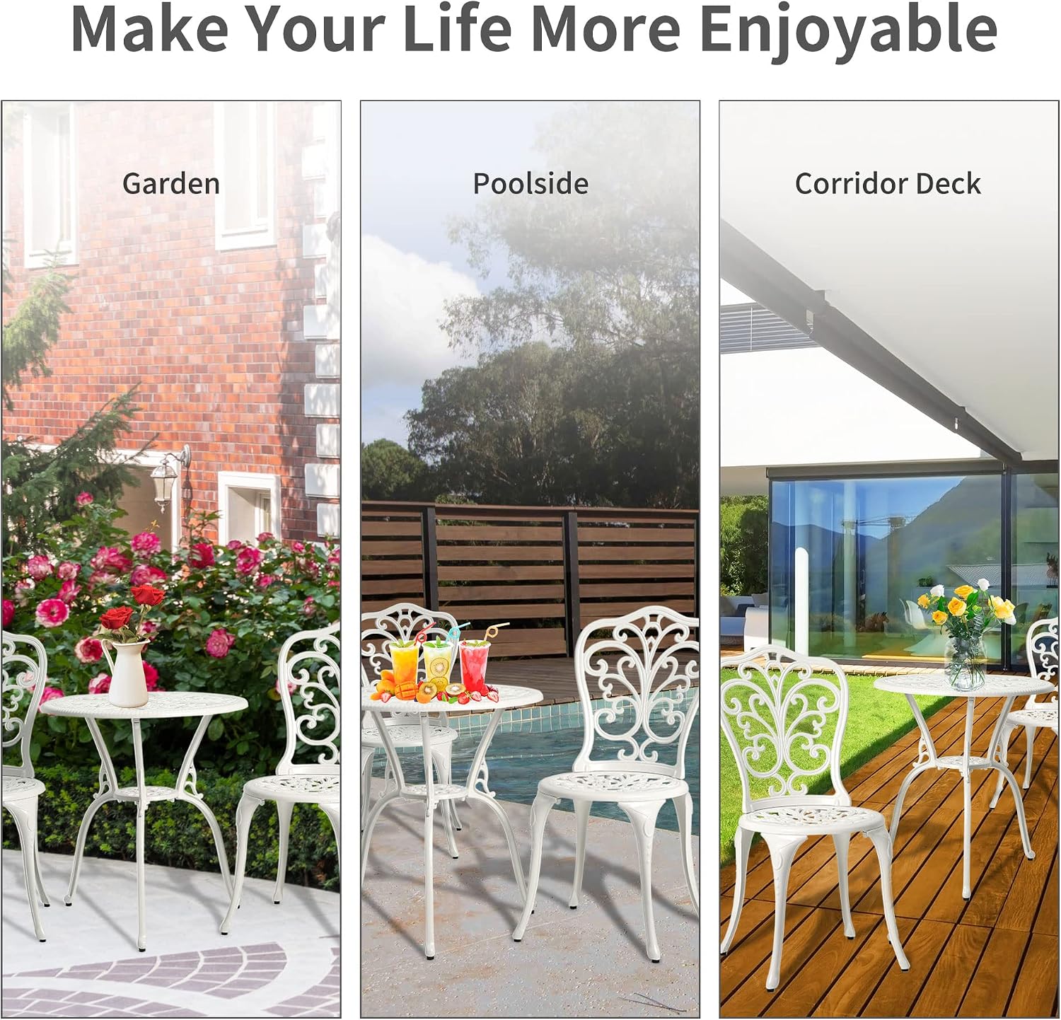 HOMEFUN Bistro Table and Chairs Set of 2 Outdoor 3 Piece Patio Set Butterfly Pattern Cast Aluminum Bistro for Garden Balcony, Durable Rust All-Weather Resistance (White)