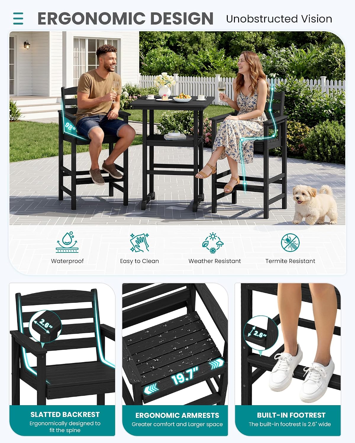 SERWALL Balcony Adirondack Chairs and Table 3 Pieces Set, Oversize Adirondack Bar Height Chairs Set of 2 and Bar Table, Outdoor Bar Stools Set, Black