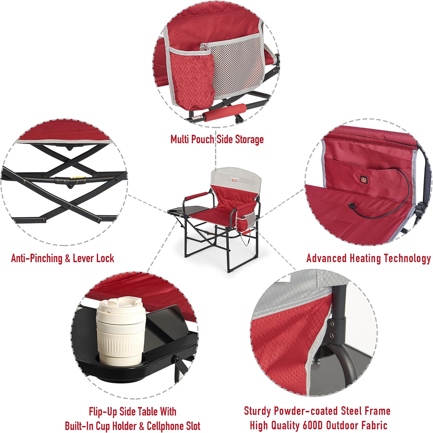SUNNYFEEL Heated Camping Directors Chair, Heavy Duty,Oversized Portable Folding Chair with Side Table, Pocket for Beach, Fishing,Trip,Picnic,Lawn,Concert Outdoor Foldable Camp Chairs