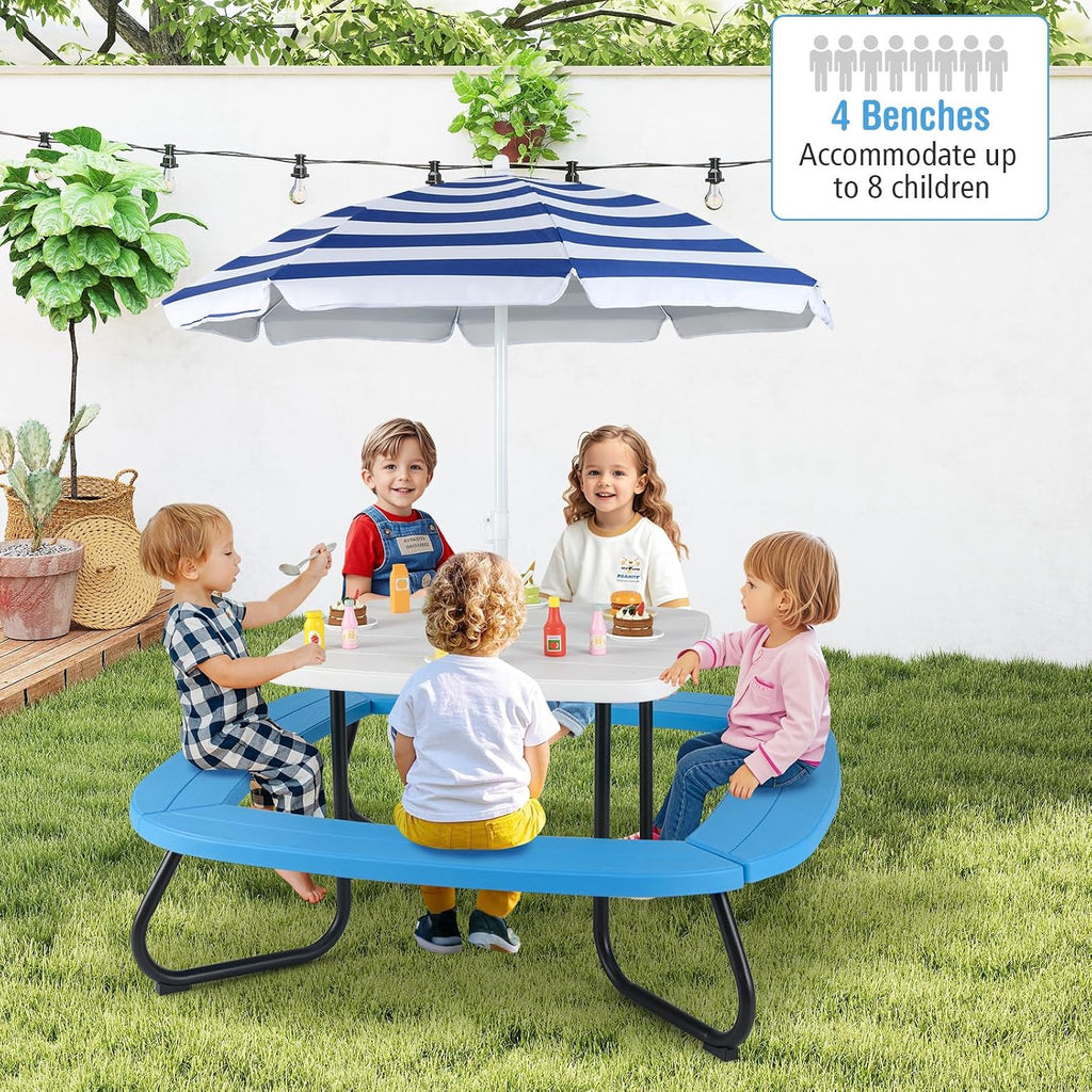 HONEY JOY Kids Picnic Table, 8 Person Toddler Outdoor Table and Chair Set, 4 Built-in Benches, Removable Umbrella, Metal Frame & HDPE Top, Children Outdoor Furniture for Backyard Patio Garden (Blue)