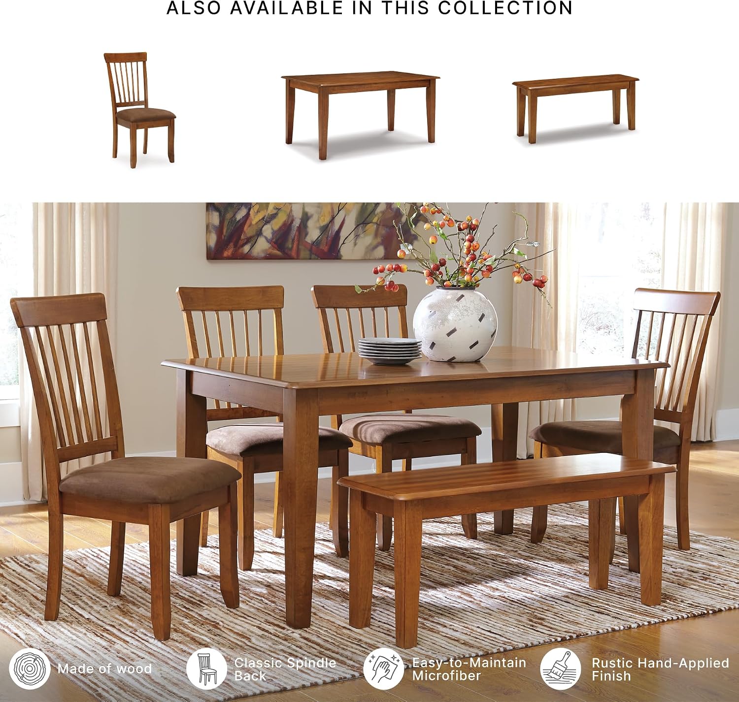 Signature Design by Ashley Berringer Dining Chairs Set of 2, Classic Wood Spindle-Back Design, Cushioned Microfiber Seat, Rustic Finish for Kitchen & Dining Room Chair, Walnut