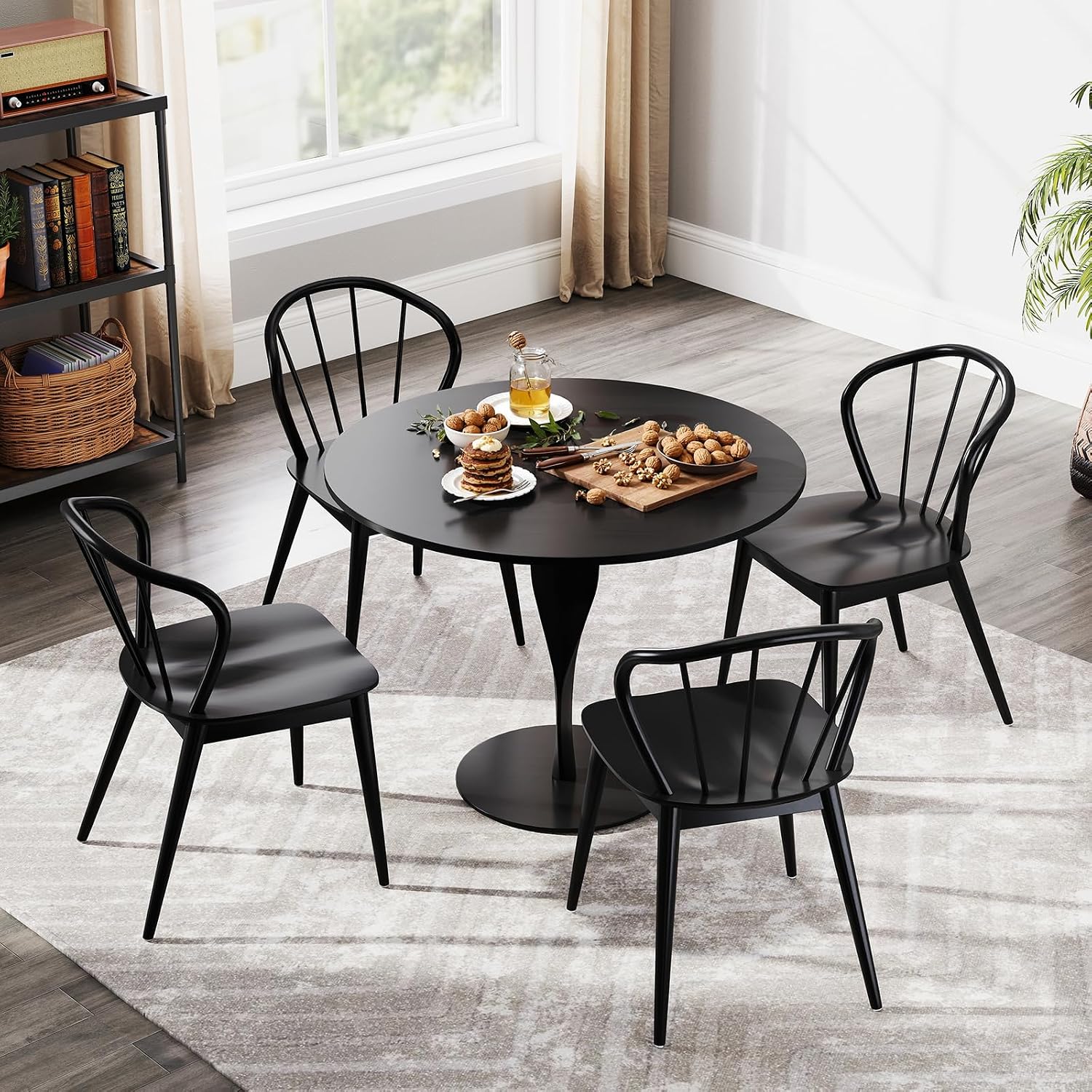 Giantex Wooden Dining Chairs Set of 2, Black Windsor Kitchen Chair w/High Spindle Back & Rubber Wood Legs, Wide Seat & Curved Backrest, Farmhouse Side Chairs, Armless Accent Chair for Home Restaurant