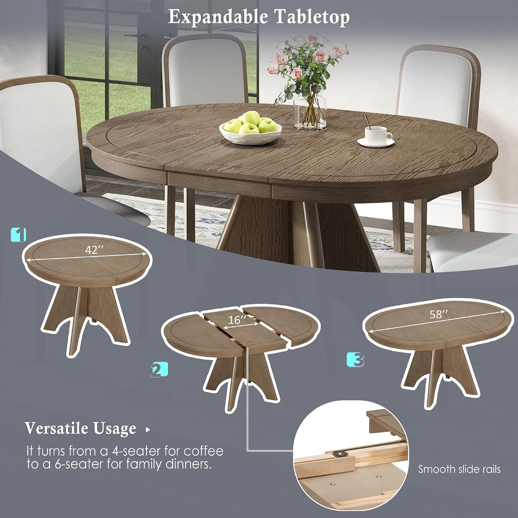 LUMISOL 42'-58' Extendable Round Dining Table for 4-6, Farmhouse Kitchen Table with Distressed Finish and Sturdy Crossed Legs, Wood Dinner Tables for Kitchen, Dining Room, Espresso