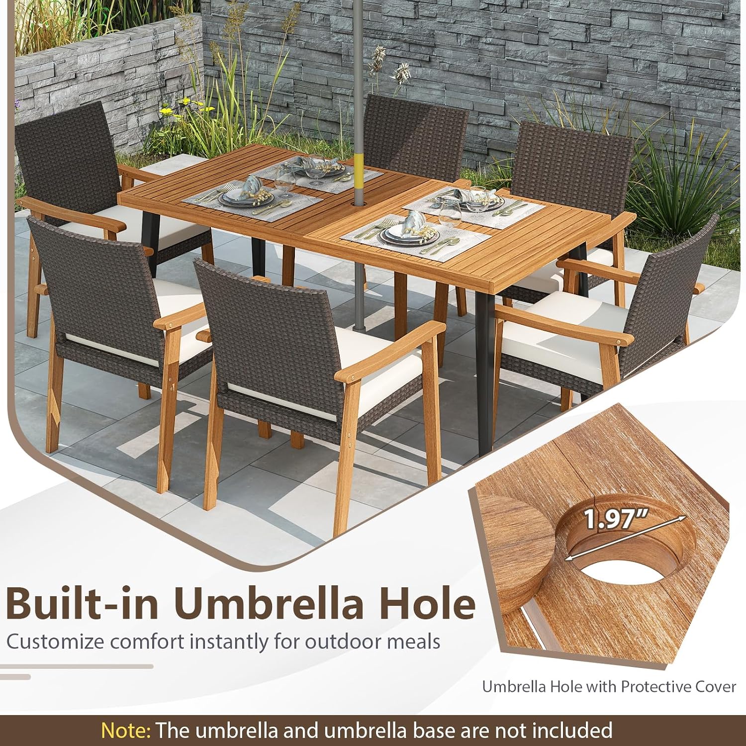 HAPPYGRILL Acacia Wood Outdoor Dining Table 63', 4-6 Person Rectangular Patio Table with Umbrella Hole and Solid Metal Frame, for Garden, Poolside, Backyard and Deck