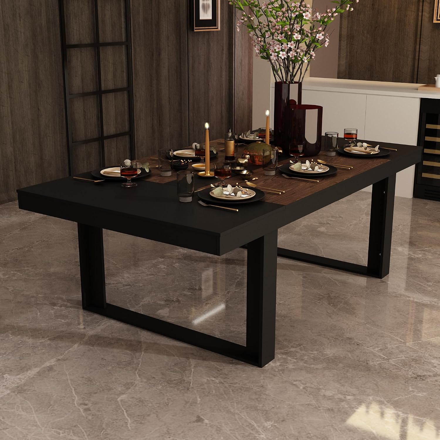 WOODTIME 86.6' W Dining Table for 8-10 People, Versatile Modern Wooden Dinner Table Kitchen Table for Dining Room Conference Room, Black & Brown