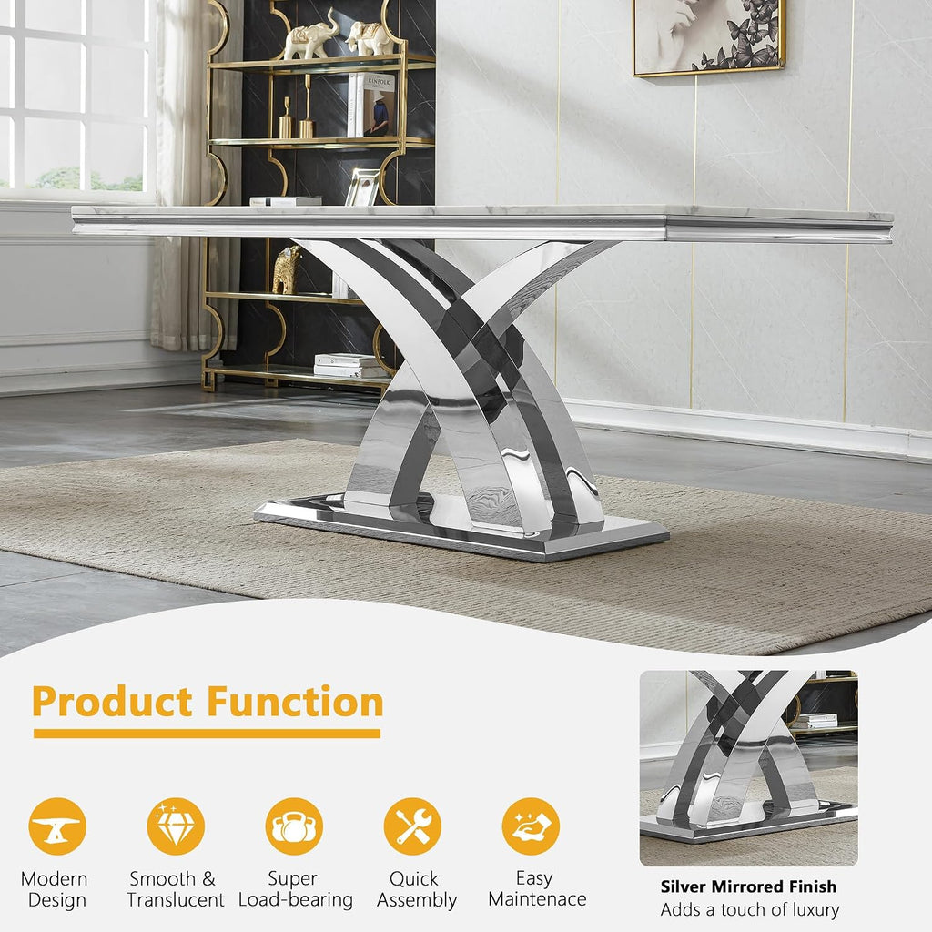 68' Luxury Rectangular Marble Dining Table for 4 to 6, White Faux Marble Kitchen Table with Silver X Shape Stainless Steel Pedestal, Modern Kitchen Dining Room Table for Breakfast Dinette Dinner Party
