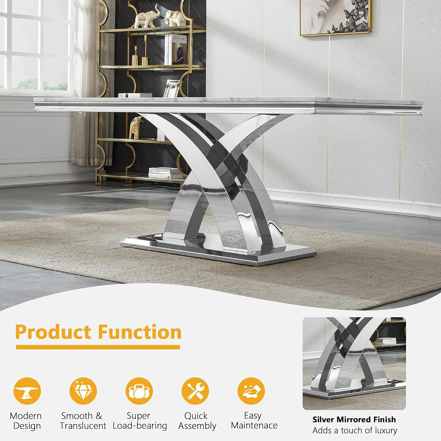 68' Luxury Rectangular Marble Dining Table for 4 to 6, White Faux Marble Kitchen Table with Silver X Shape Stainless Steel Pedestal, Modern Kitchen Dining Room Table for Breakfast Dinette Dinner Party