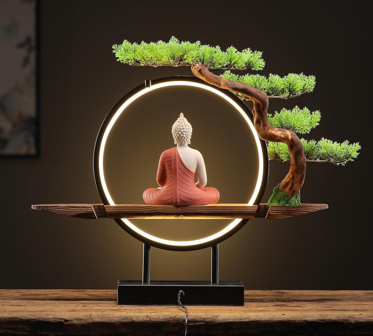 Houlu Red Buddha Statue with Green Artificial Tree and LED Circle Table Lamp, Indoor Ceramic Buddha Statues for Home Decor, 16.5 in