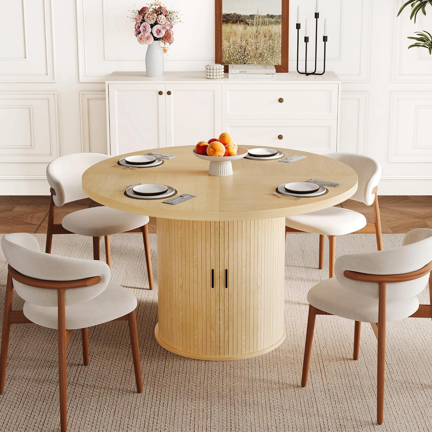 47 inch Round Dining Table for 4-6, Dinner Table with 2-Layer Storage Shelf, Morden Circle Kitchen Table with Wooden Strip Base and Wood Slide Door for Home Dining Room, Living Room, Natural