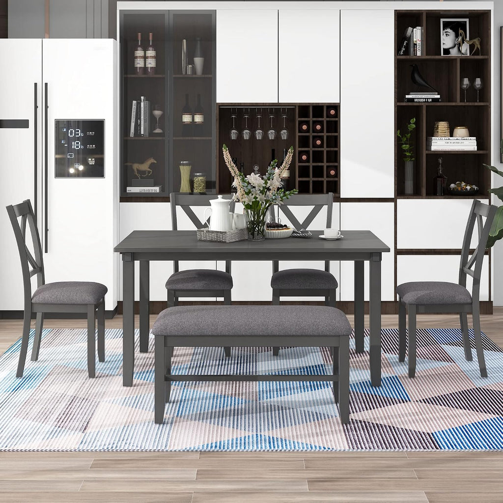 Harper & Bright Designs 6-Piece Dining Table Set, Dining Room Table Set with Wooden Rectangular Dining Table, 4 Dining Chair and Bench, Kitchen Dinette Set for 6 People (Grey)