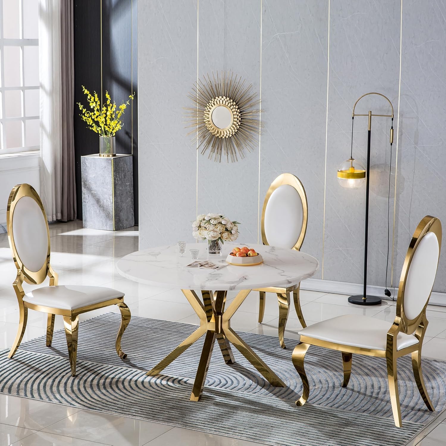 45.28' White Round Marble Dining Table, Circle Dining Room Table with Faux Marble Top & Gold Stainless Steel Leg, Modern Kitchen Table for 2 to 4 Person, Small Round Dinner Table for Dinette Breakfast