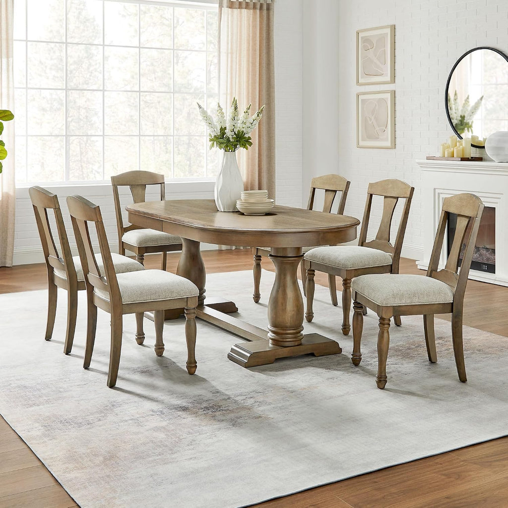 7-Pcs 94.06'' Extendable Wood Dining Table Set, Oval Large Kitchen Table & 6 Upholstered Chairs, Modern Mid-Century Style, White Oak