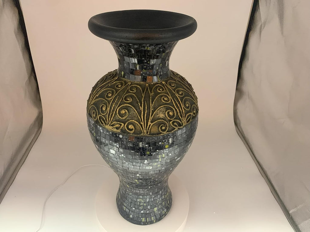 Floor Vase, 24 Inch Mosaic Vase – Tall Cylinder Made of Terracotta with Black, Green, and Gold Glass Mosaic Pieces – Handcrafted Decorative Home Décor Accent Piece for Bedroom, Living Room