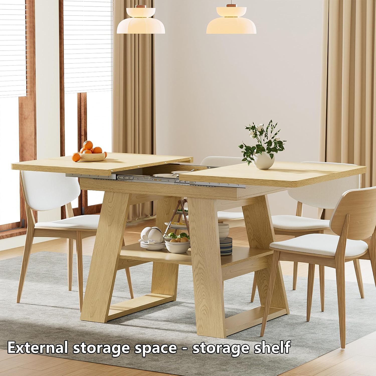 Lxsxlome 47.24''-66.92'' Extendable Dining Room Table for 4-6, Rectangle Extendable Kitchen Table with Removable Leaves, Space Saving, Wooden Dining Table with Storage Shelf (Style 2, Wood Color)