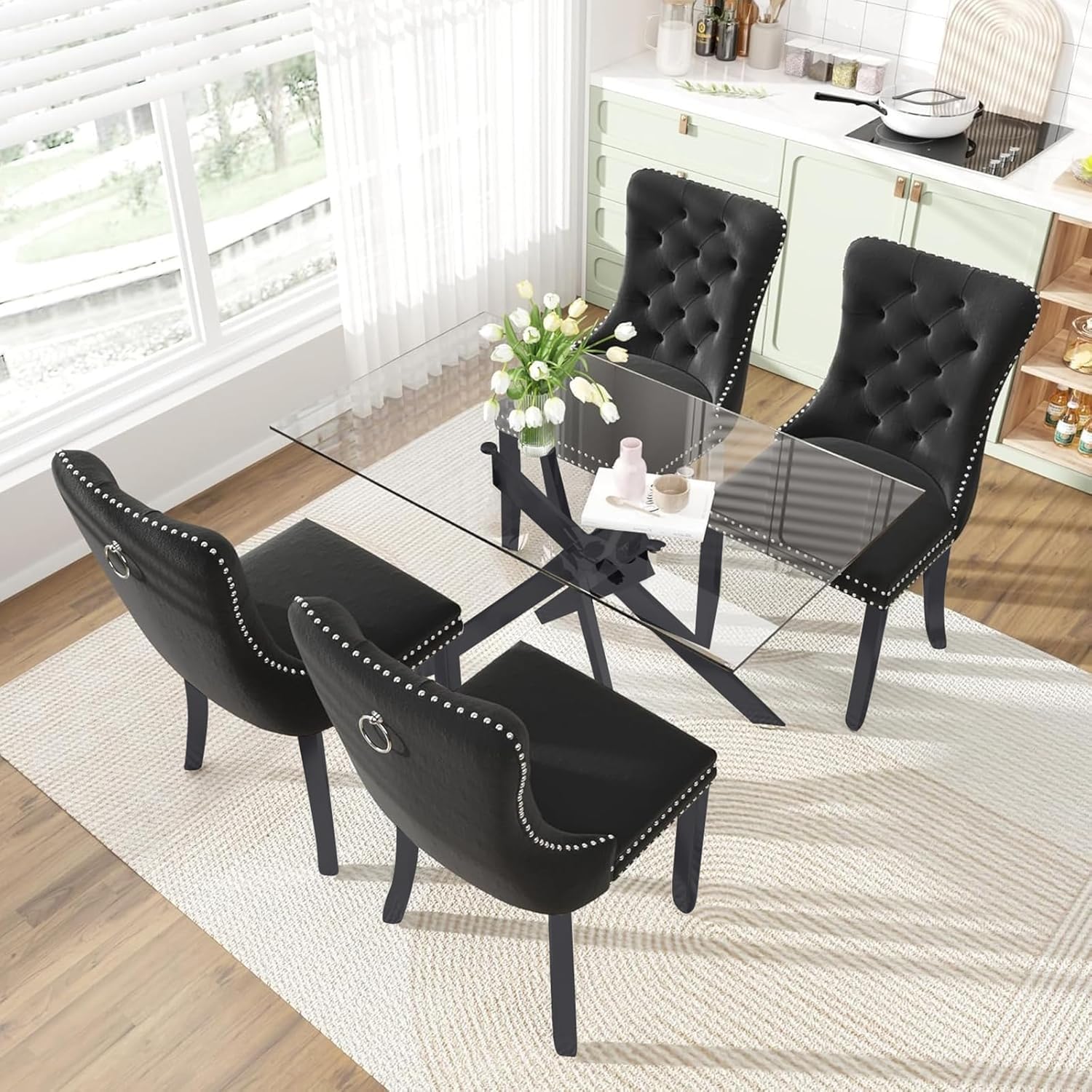 51 Inch Glass Dining Table Set for 4, Rectangular Glass Kitchen Table with 4 Upholstered Velvet Accent Chairs, 5 Piece Modern Dining Room Set, for Home, Apartment, Small Spaces - Black Black