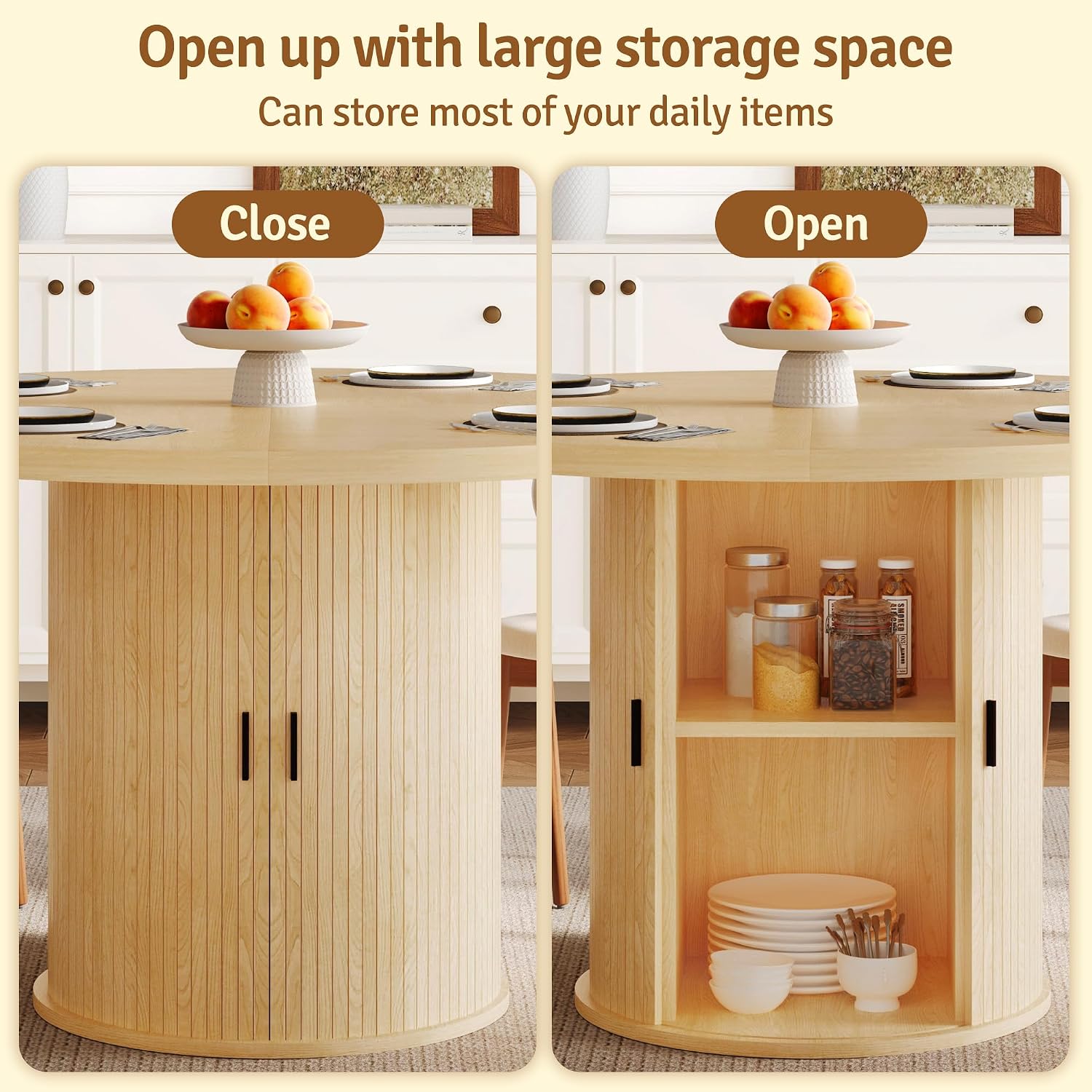 47 inch Round Dining Table for 4-6, Dinner Table with 2-Layer Storage Shelf, Morden Circle Kitchen Table with Wooden Strip Base and Wood Slide Door for Home Dining Room, Living Room, Natural