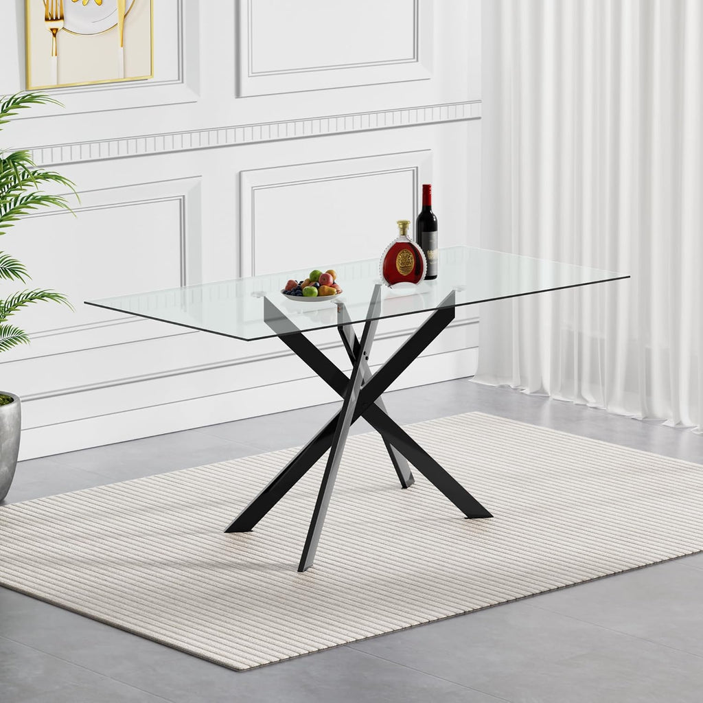 51.2' Glass Dining Table, Modern Kitchen Table for 4-6 People, Contemporary Rectangular Dining Room Dinner Tables with Clear Glass Top & Black Metal X Legs for Kitchen Apartment