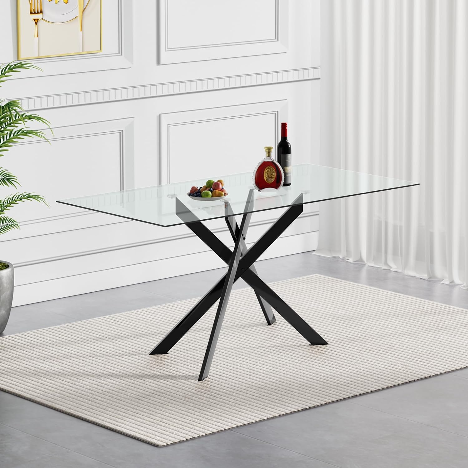 51.2' Glass Dining Table, Modern Kitchen Table for 4-6 People, Contemporary Rectangular Dining Room Dinner Tables with Clear Glass Top & Black Metal X Legs for Kitchen Apartment