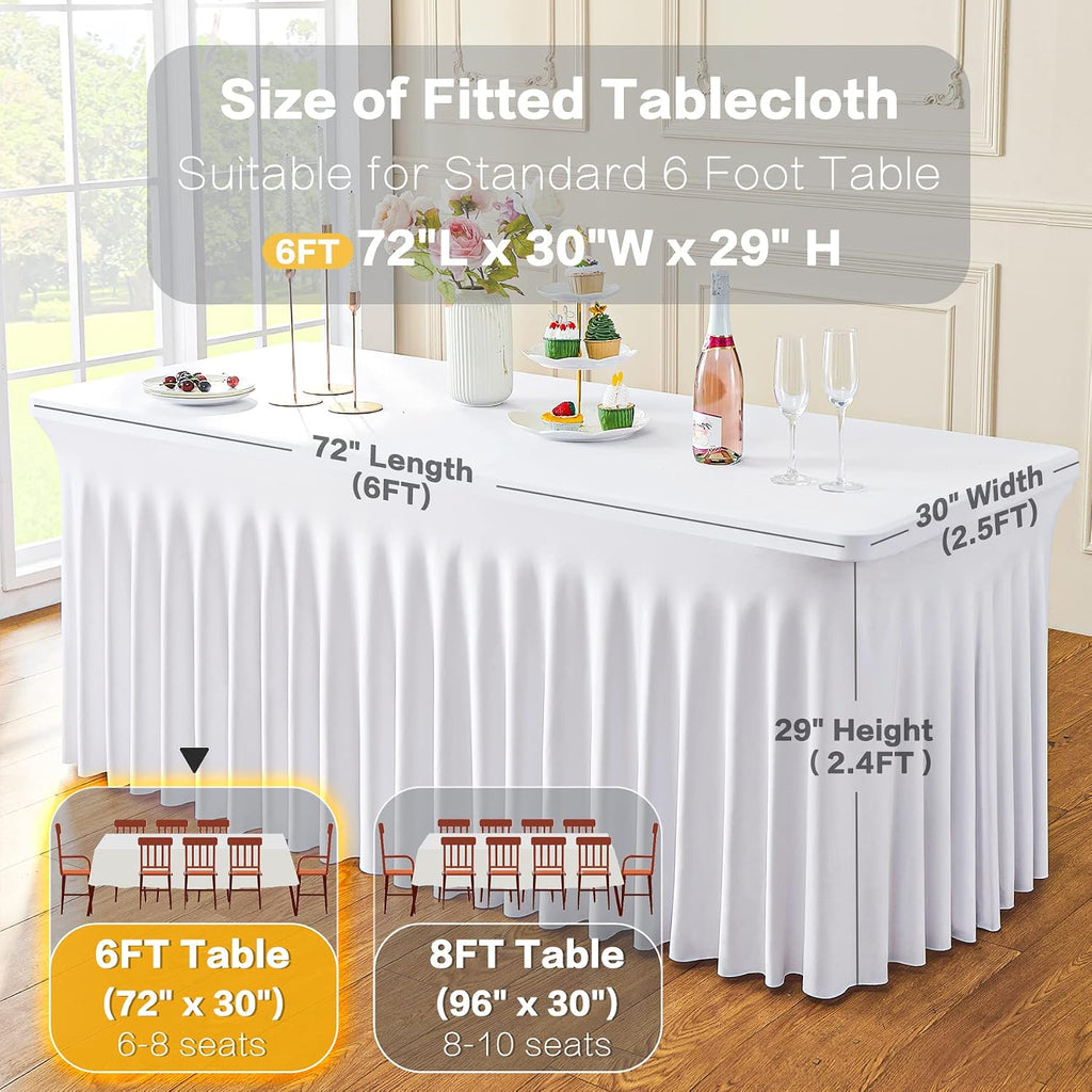 12 Pack White Spandex Tablecloth for 6 Foot Rectangle Tables, Wrinkle Free Fitted Table Cloth Cover 6ft White Stretchy Tablecloths with Skirt for Parties Weddings Birthday Banquet Baby Shower