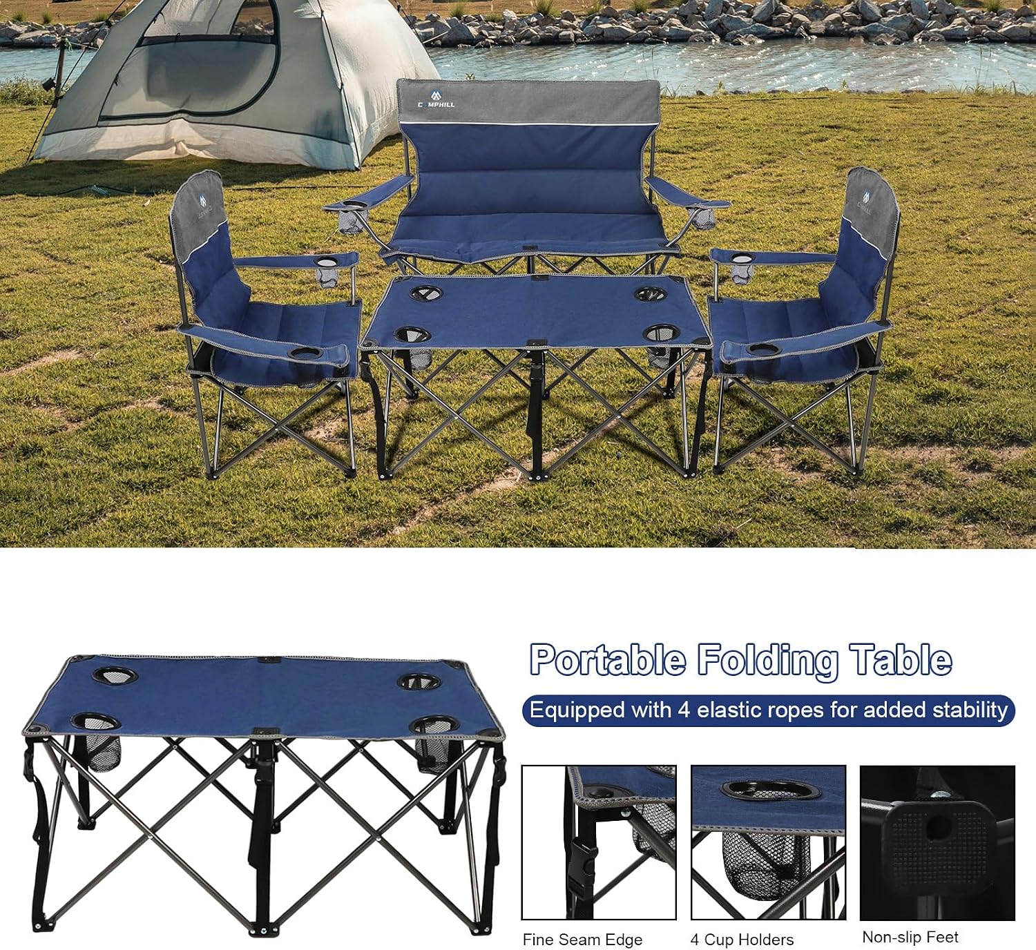 Camping Chair Set of 3, Outdoor Folding Camping Chairs for Heavy People with Cup Holder & Carry Bag,Collapsible Chair Include One Sofa Chair and Two Single Chair,Support up to 500lbs