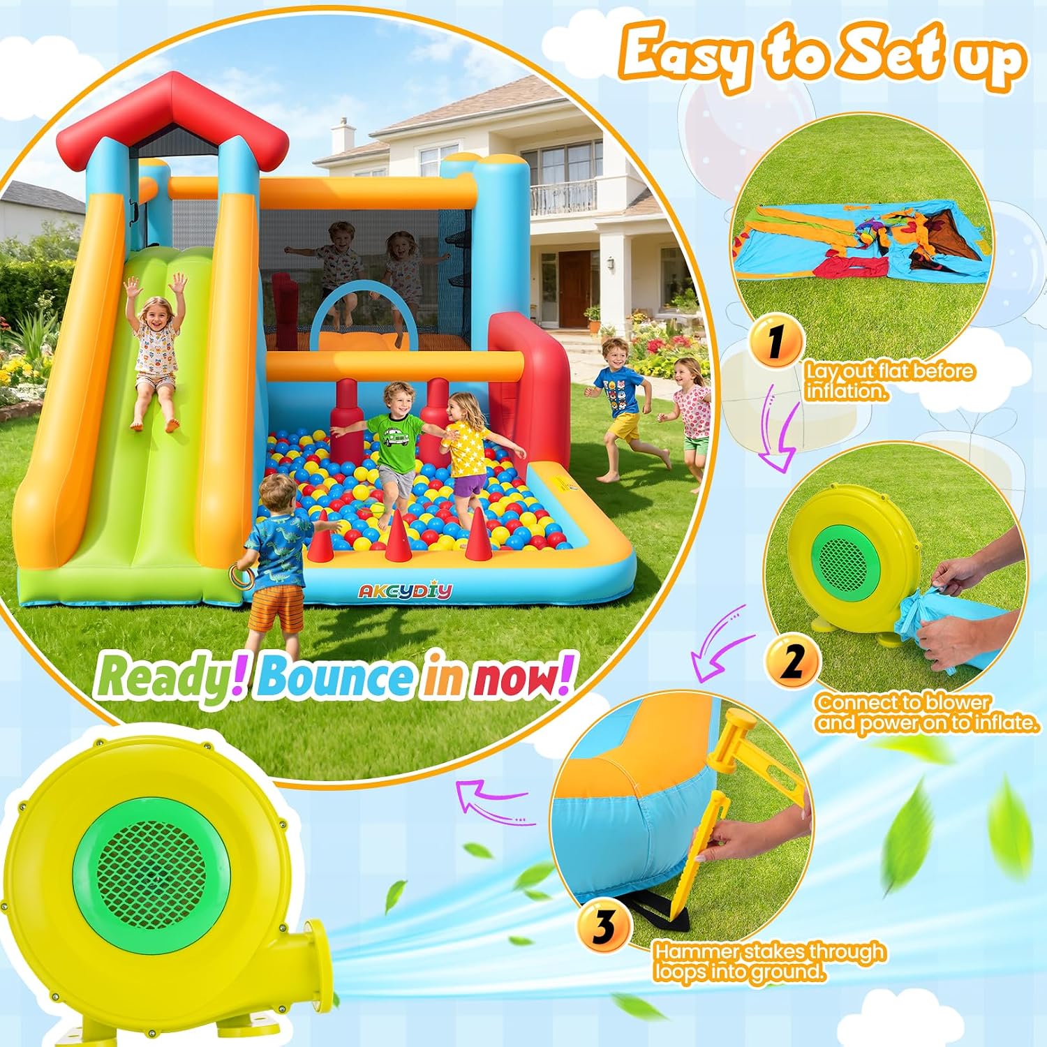 AKEYDIY Bounce House, Inflatable Bounce House for Kids 3-12, Obstacle Bouncy House with Slide, Trampoline, Ball Pit, Basketball Hoop, Target, Climbing, Tunnel, Indoor Outdoor, 450W Blower