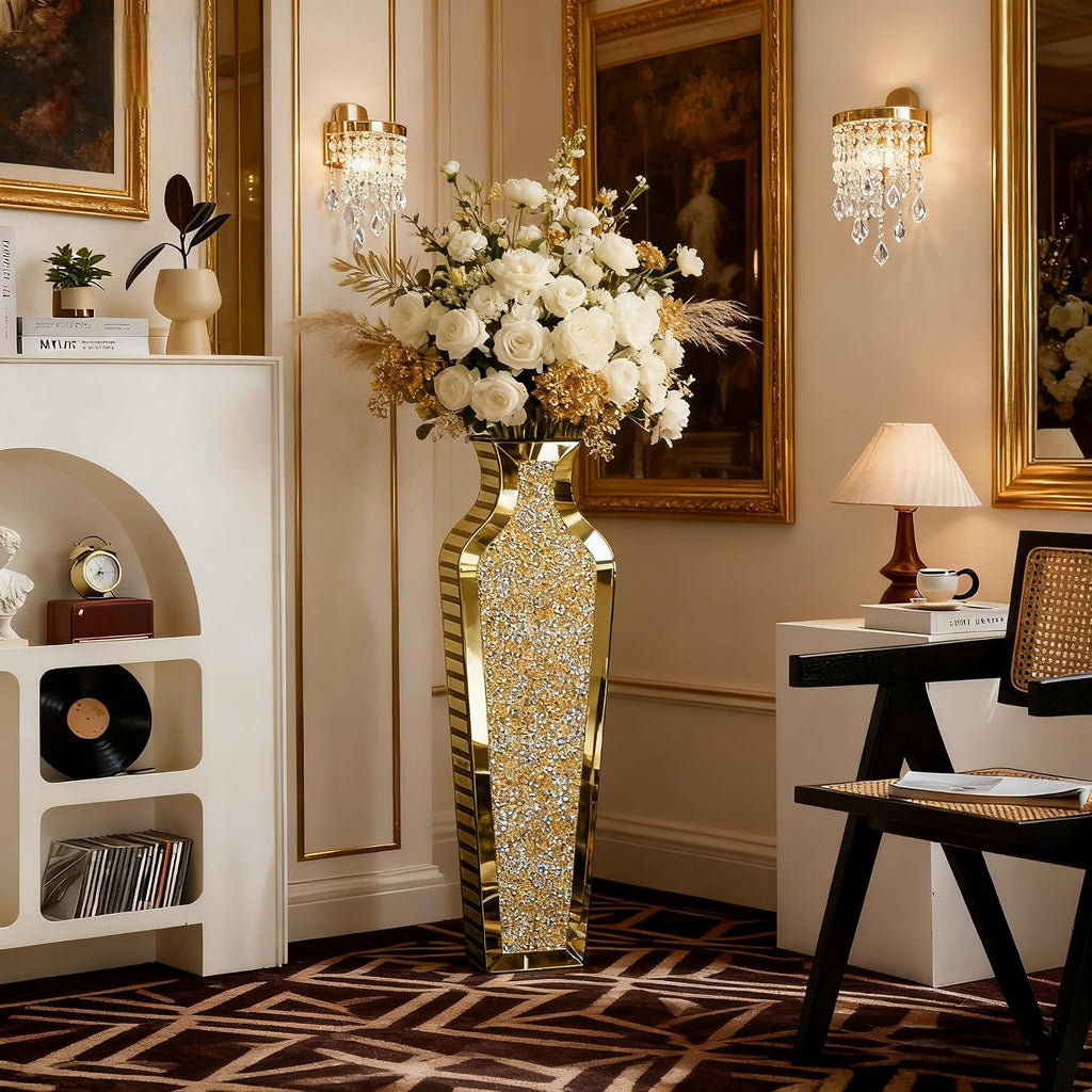 SHYFOY Gold Crushed Diamond Floor Vase, Large Mirrored Tall Vases for Floor, Modern Glass Decorative Vases for Living Room Bedroom Home Corner Indoor Office, 26.8' Tall