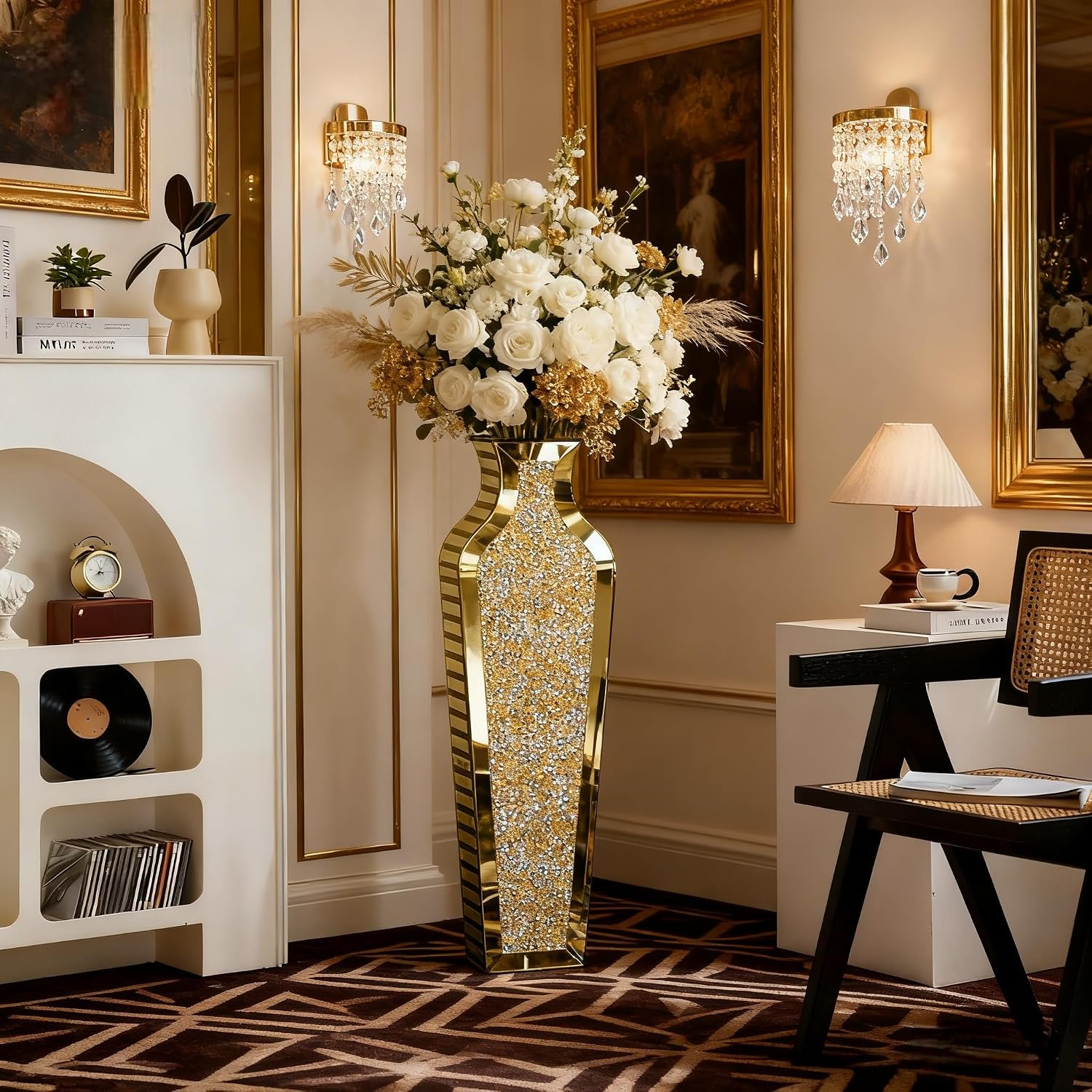 SHYFOY Gold Crushed Diamond Floor Vase, Large Mirrored Tall Vases for Floor, Modern Glass Decorative Vases for Living Room Bedroom Home Corner Indoor Office, 26.8' Tall