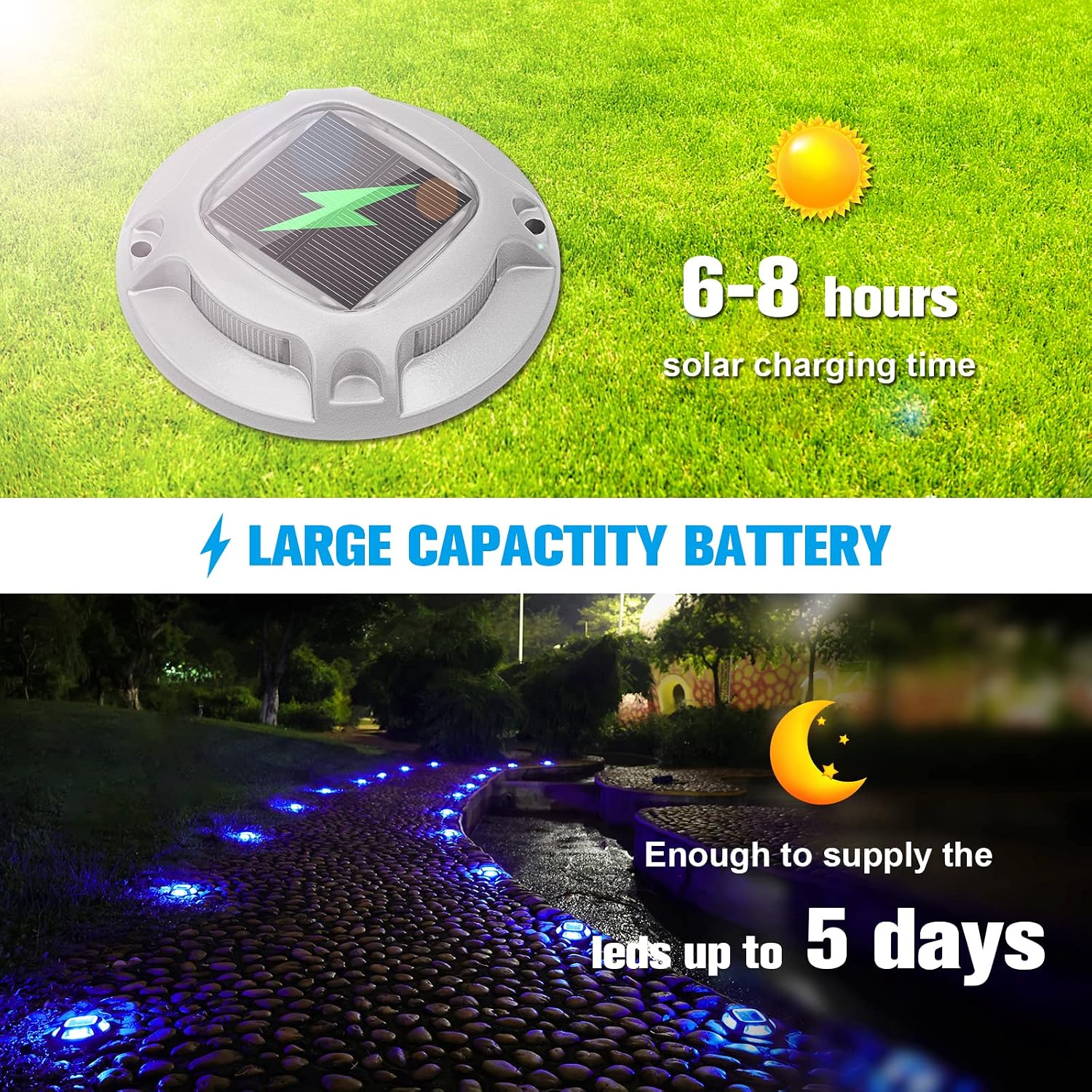 VOLISUN 24 Pack Solar Path Lights, Modern Outdoor Deck Lights, 2 Colors in 1, Waterproof, Solar Powered, Blue, Silver, Outdoor, Driveway, Dock, Stairway, Deck