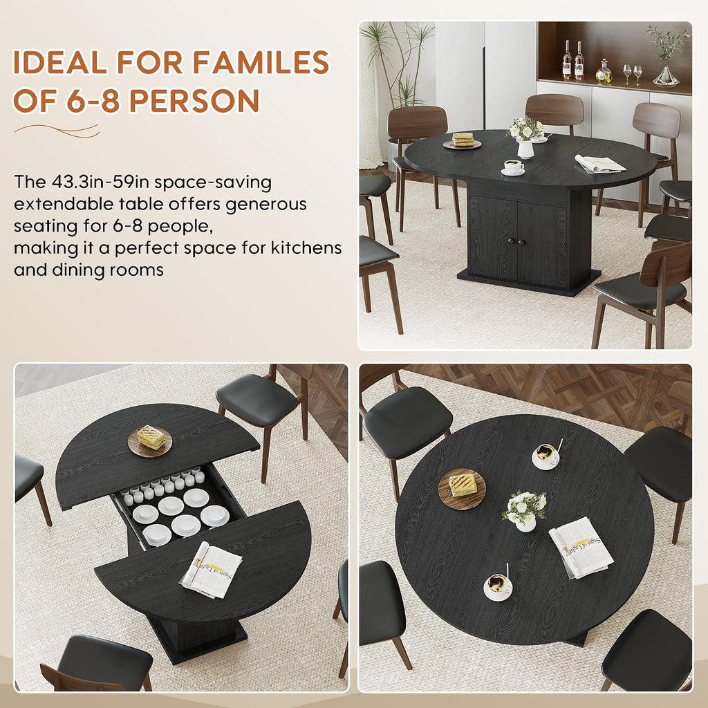 43.3in-59in Extendable Round Dining Table for 4-8, Modern Expandable Kitchen Oval Dining Table, Space Saving Circle Dining Room Table with Storage Shelf for Kitchen Living Room