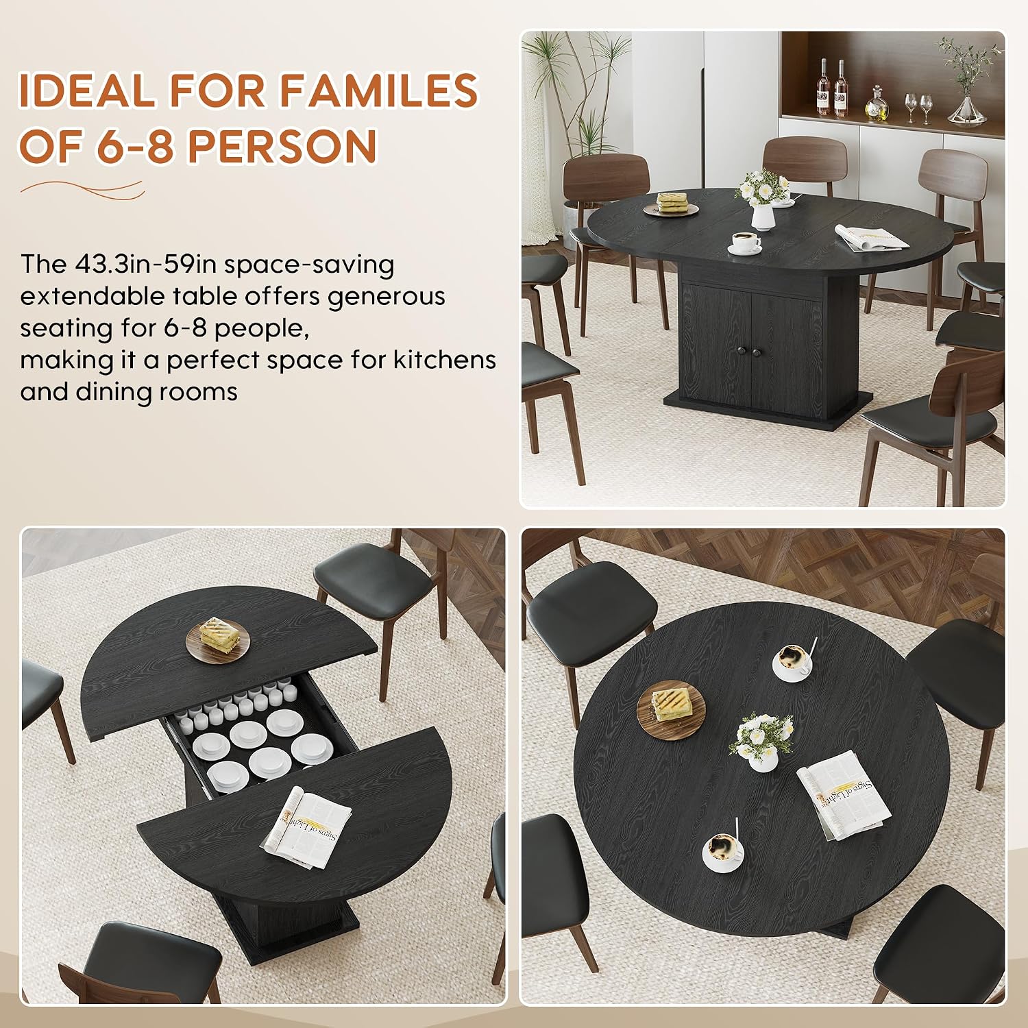 43.3in-59in Extendable Round Dining Table for 4-8, Modern Expandable Kitchen Oval Dining Table, Space Saving Circle Dining Room Table with Storage Shelf for Kitchen Living Room