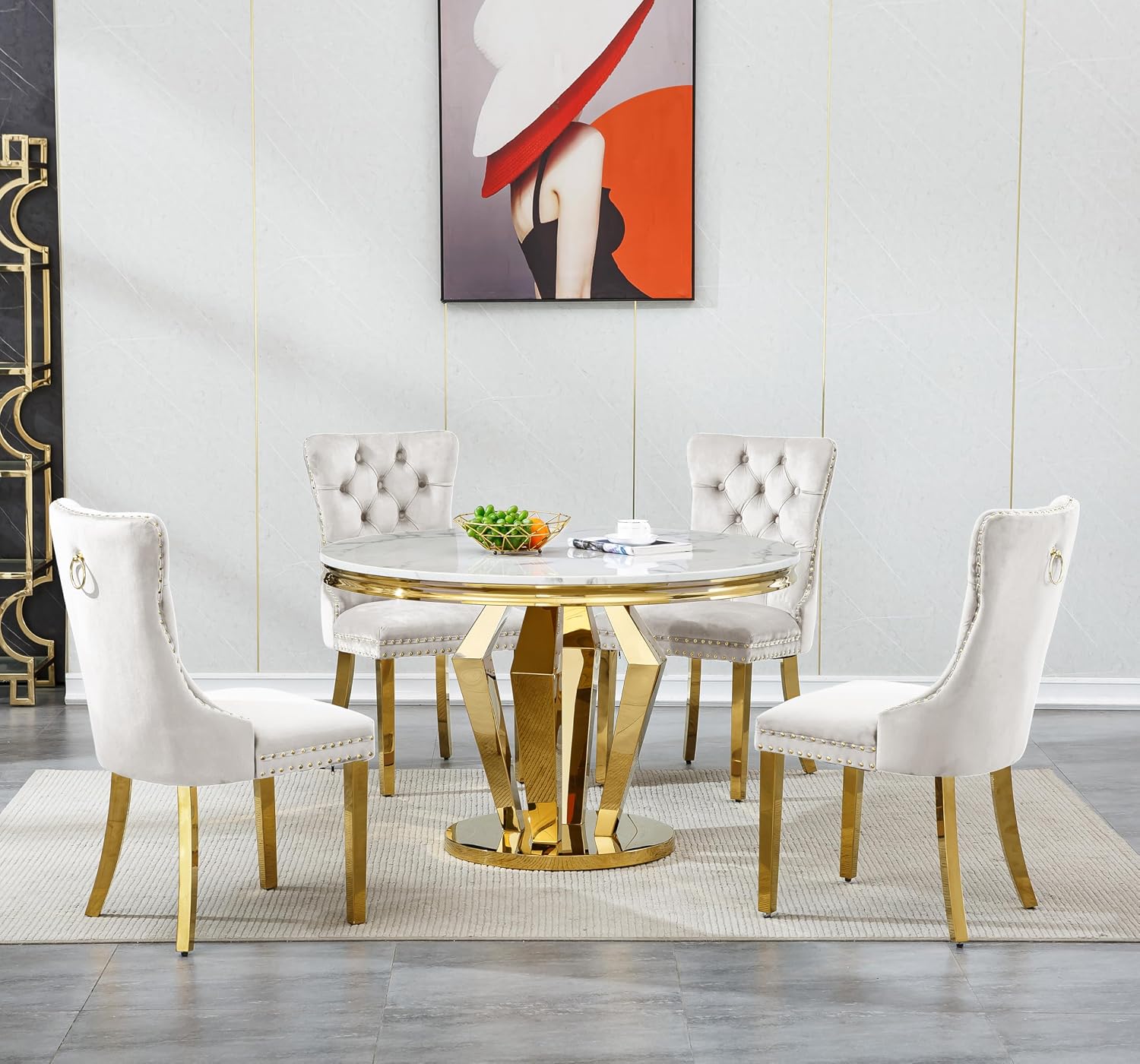 45 in Round Marble Dining Table for 4 to 6, Modern Circular White Faux Marble Kitchen Table with Gold Diamond Stainless Steel Base, Round Kitchen Dining Room Table for Breakfast Dinette Dinner Party